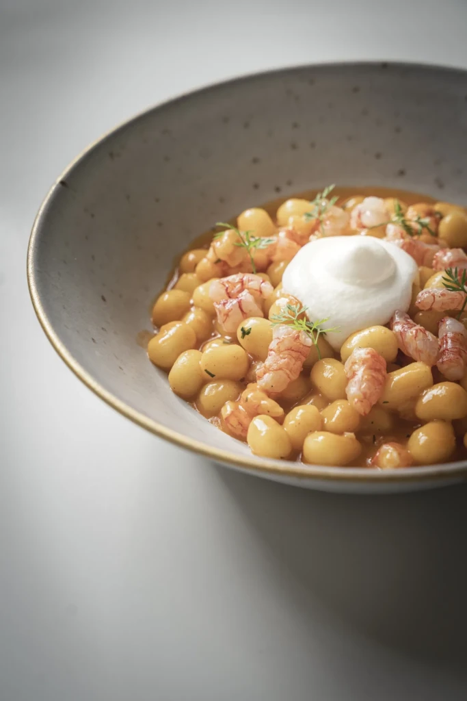 Zuppa di fagioli bianchi con pancetta e quenelle di panna acida in una ciotola di ceramica grigia